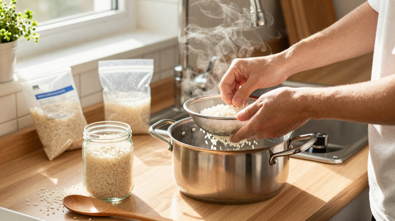 Mãos a colocar arroz num tacho com água a ferver numa cozinha iluminada, com luz natural na bancada.