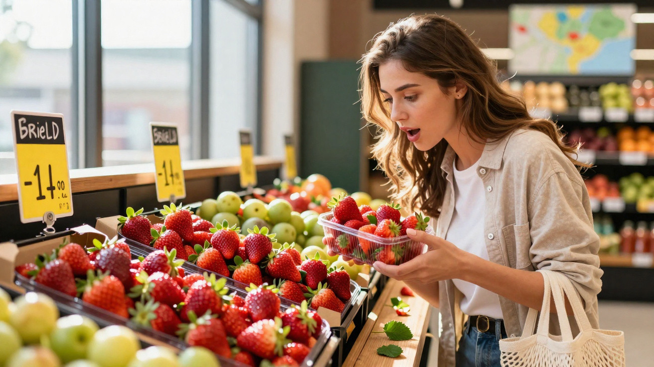 Mulher jovem a escolher morangos frescos num supermercado, segurando um tabuleiro de morangos.