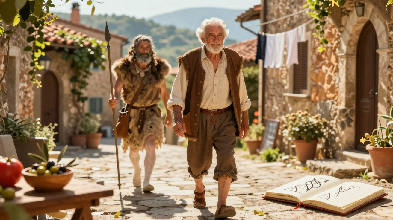 Homem idoso vestido com roupa moderna caminha à frente de homem com traje da idade da pedra numa vila histórica.