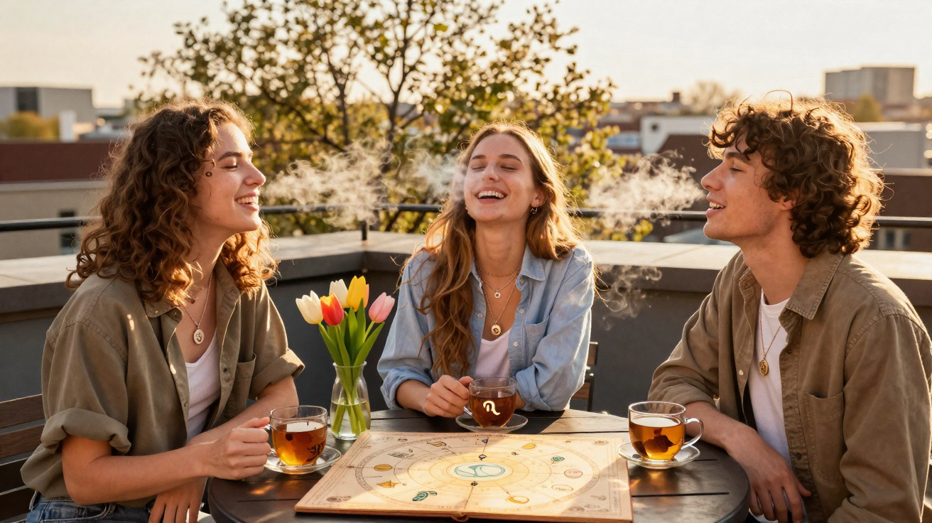 Três jovens a rir e beber chá numa mesa ao ar livre com jogo de signos e jarro de tulipas coloridas.