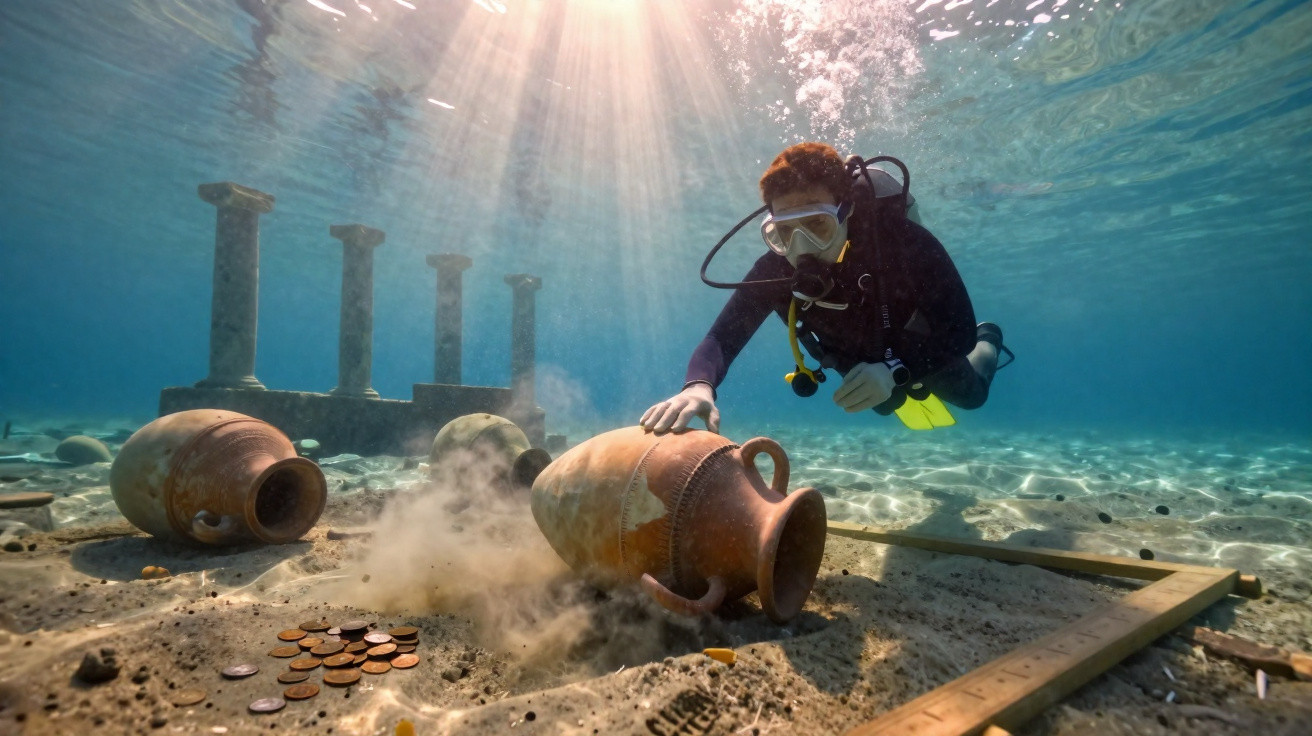 Mergulhador explora vasos e moedas antigas no fundo do mar com raios de sol a atravessar a água.