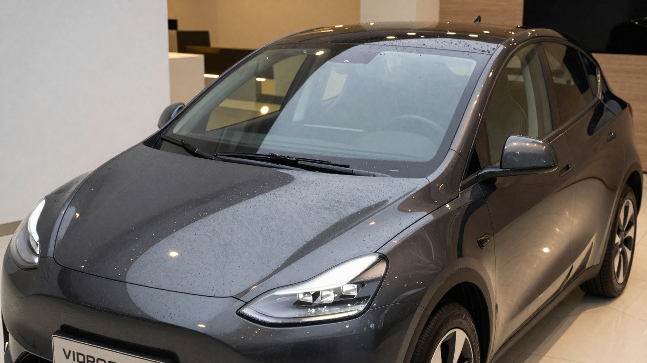 Carro Volkswagen cinza com gotas de água, estacionado dentro de salão de exposição automóvel.