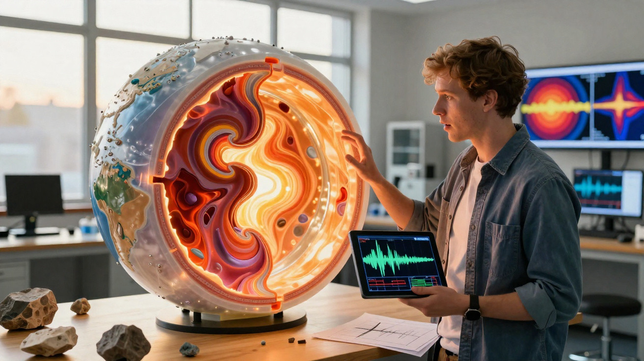 Homem a analisar modelo interativo da estrutura interna da Terra com gráficos sísmicos numa sala de laboratório.