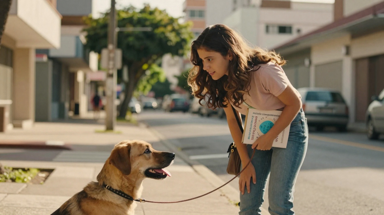Jovem mulher a olhar para um cão castanho sentado numa rua calma de cidade, segurando um livro e trela.