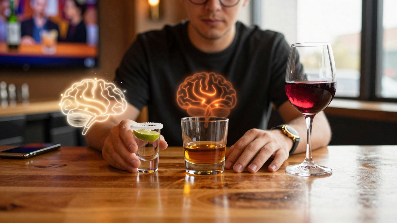Homem num bar com copos de bebidas e gráficos digitais de cérebro acima de dois copos.