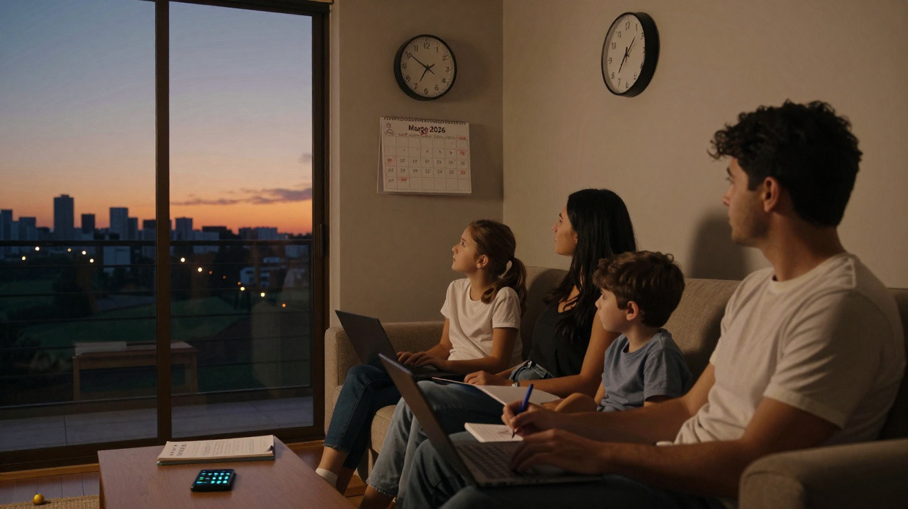Família a trabalhar e estudar em casa ao final da tarde, janela mostra cidade ao pôr do sol.