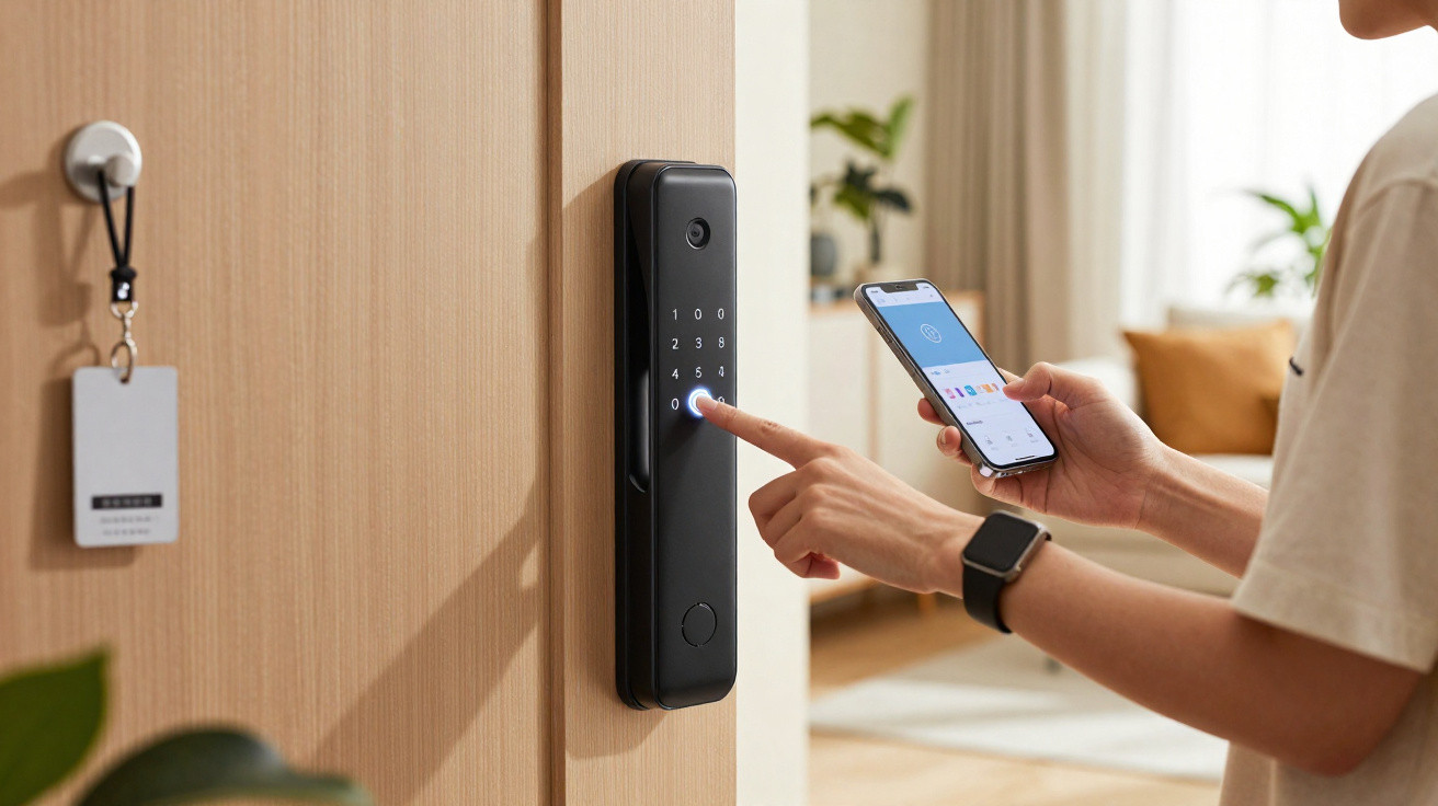 Pessoa a usar fechadura digital numa porta de madeira com controlo por smartphone numa sala moderna.