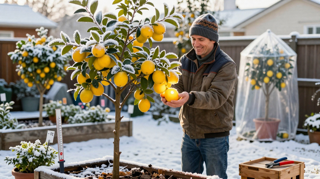 Homem a apanhar limões em árvore com geada, num jardim com solo coberto de neve.