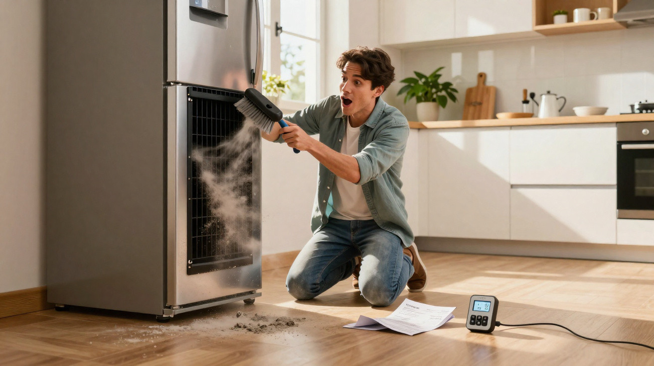 Homem surpreendido limpa o filtro de um frigorífico, com poeira voando para o chão da cozinha iluminada.