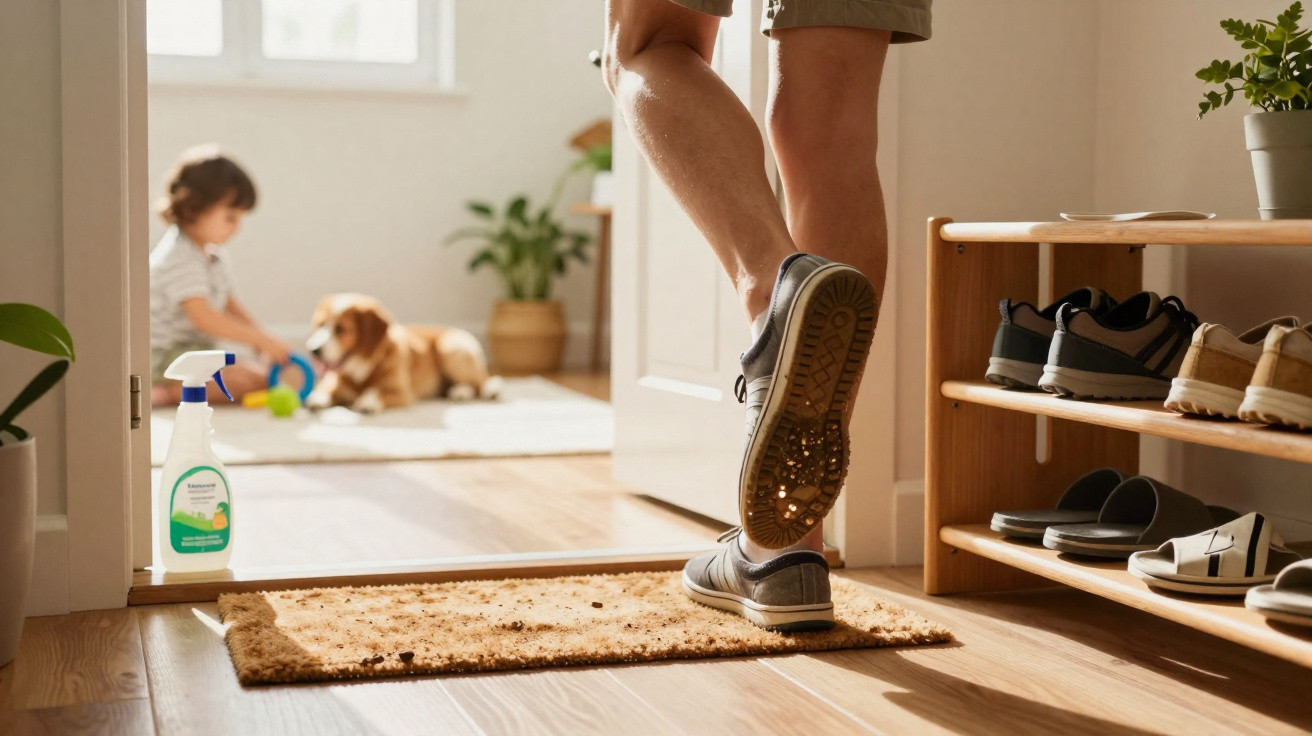 Pessoa a lavar os sapatos na entrada de casa, com criança a brincar e cão ao fundo.