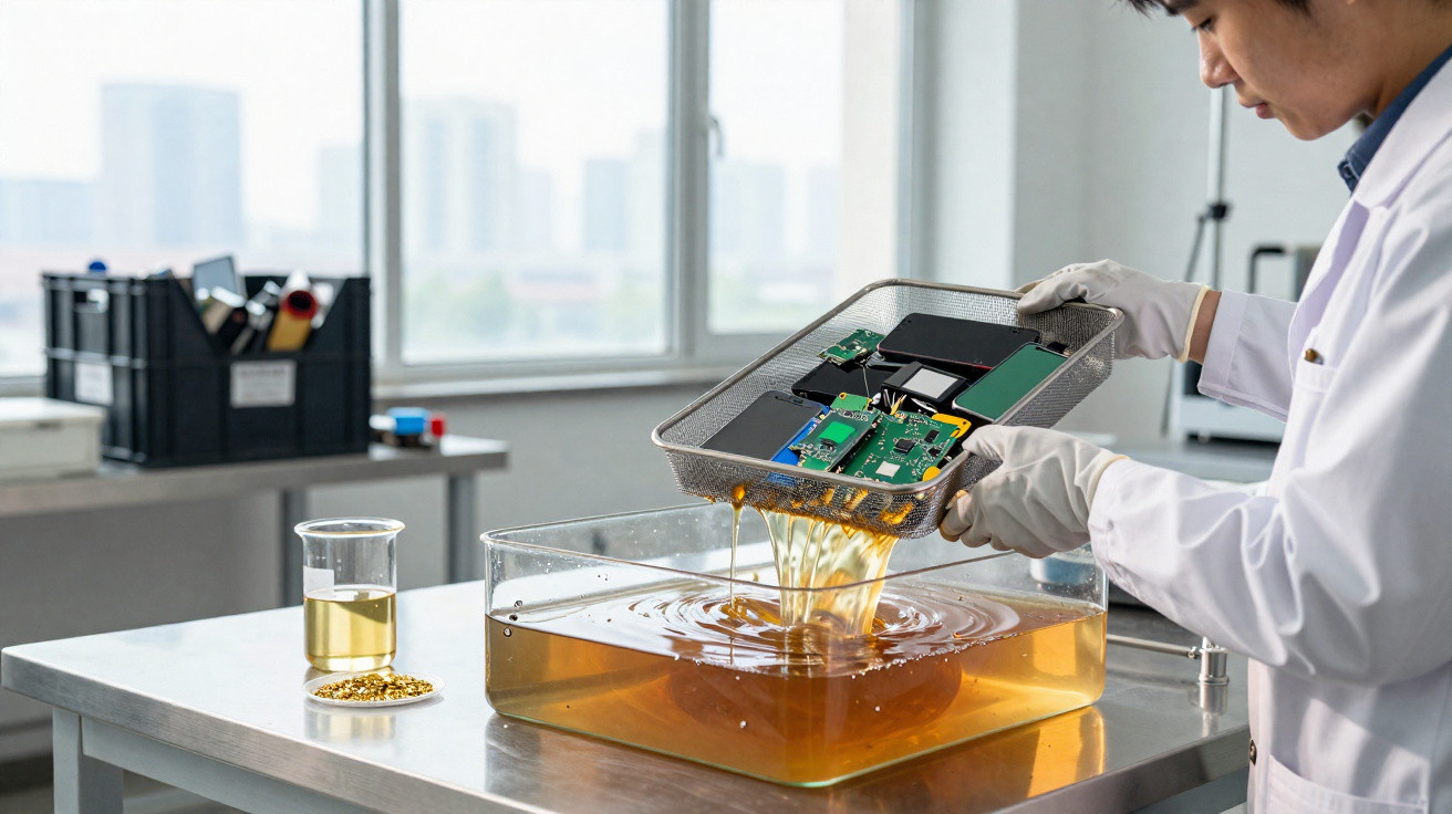 Técnico a mergulhar componentes eletrónicos num líquido dourado em laboratório moderno.