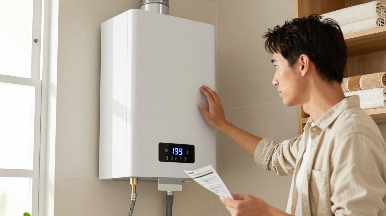 Homem a ajustar o aquecedor de água a gás na parede, segurando um manual de instruções.