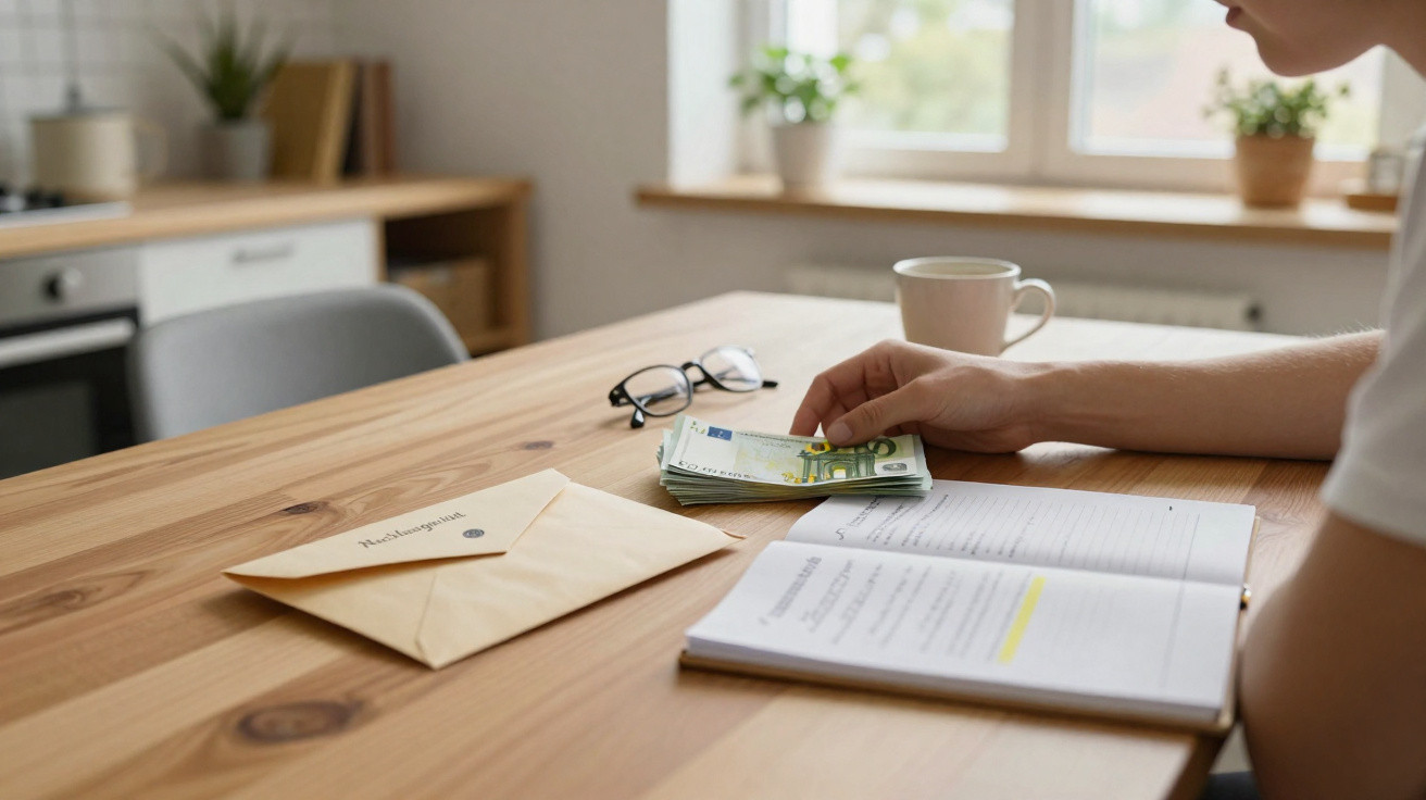 Pessoa sentada à mesa com notas de euro, agenda, óculos e envelope num ambiente iluminado.