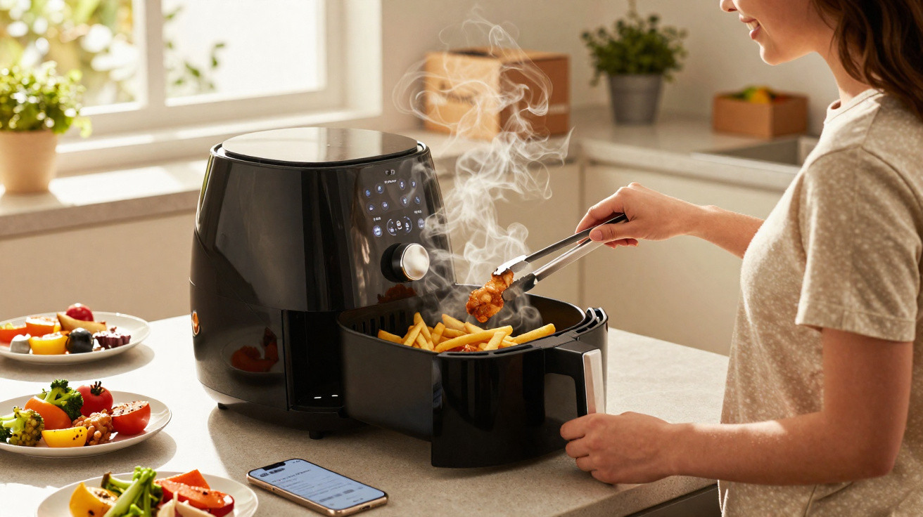 Pessoa a retirar batatas fritas com pinças de uma fritadeira elétrica preta numa cozinha iluminada.