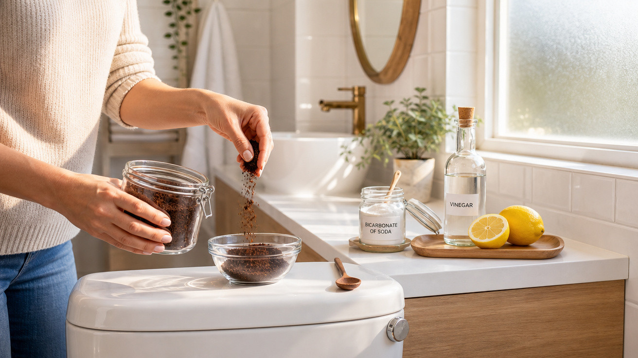 Pessoa a preparar esfoliante caseiro com borra de café, bicarbonato, vinagre e limão numa casa de banho.