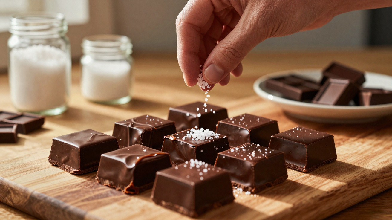 Mão polvilhando flor de sal em quadrados de chocolate preto numa tábua de madeira.