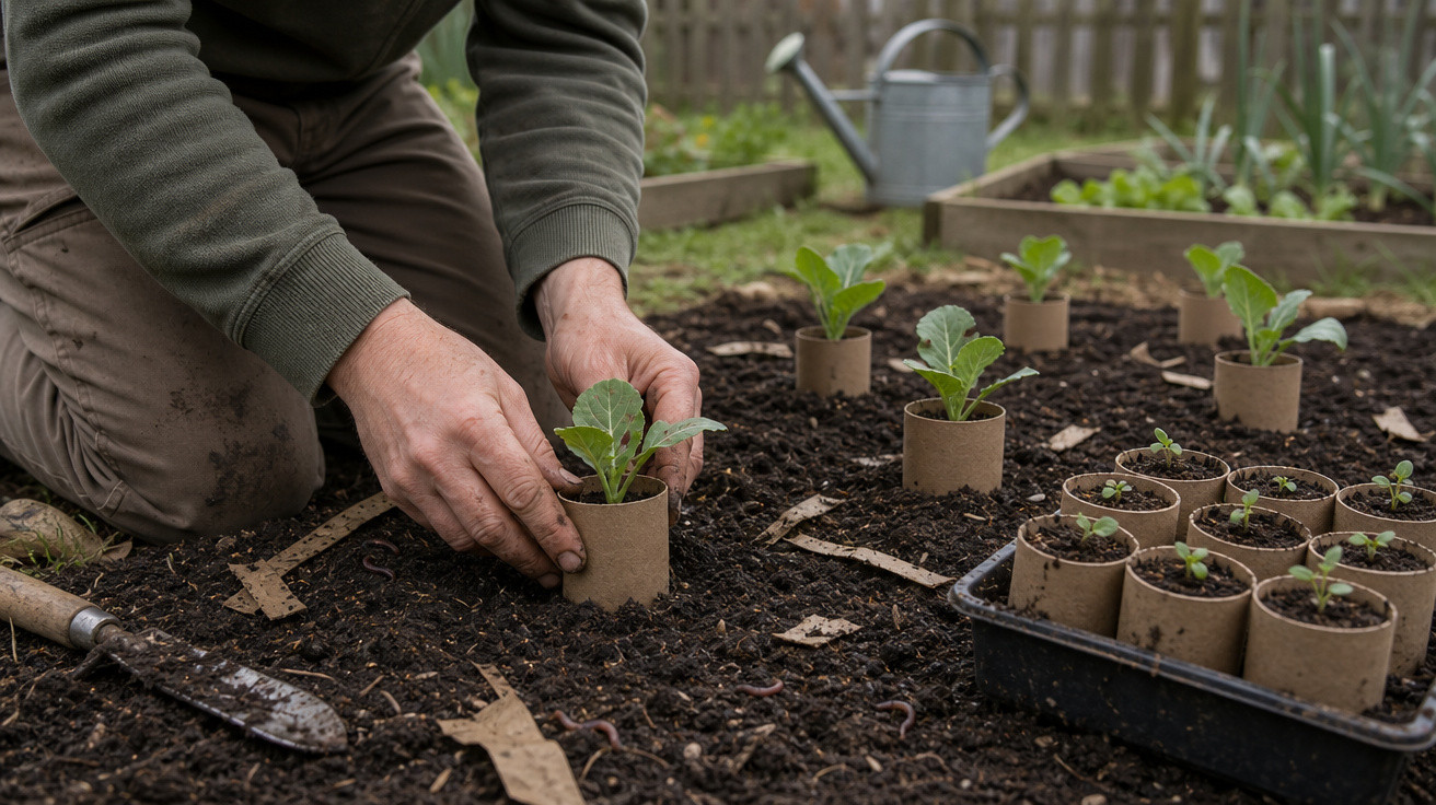 Pessoa a plantar mudas em cilindros de cartão no solo de um jardim, com torrão de terra e um pequeno transplante.