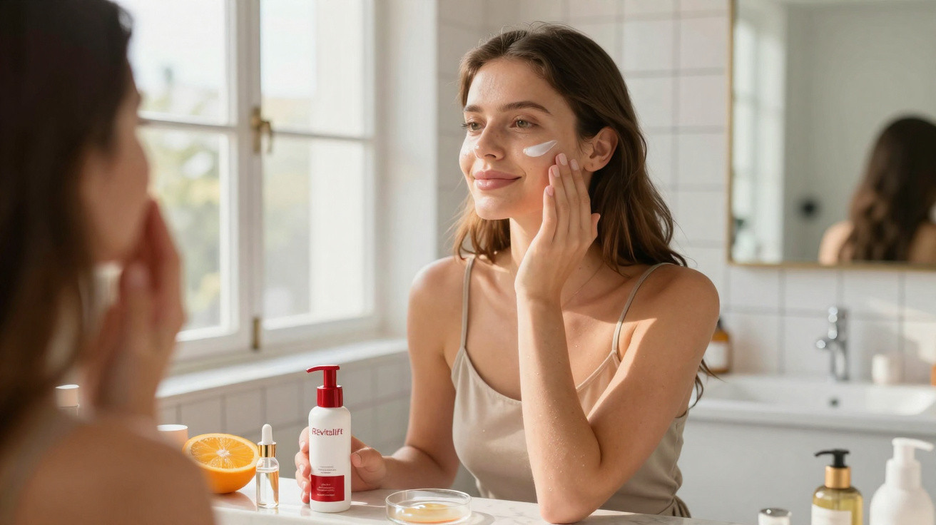 Mulher aplica creme facial sentada à frente de espelho numa casa de banho iluminada a luz natural.
