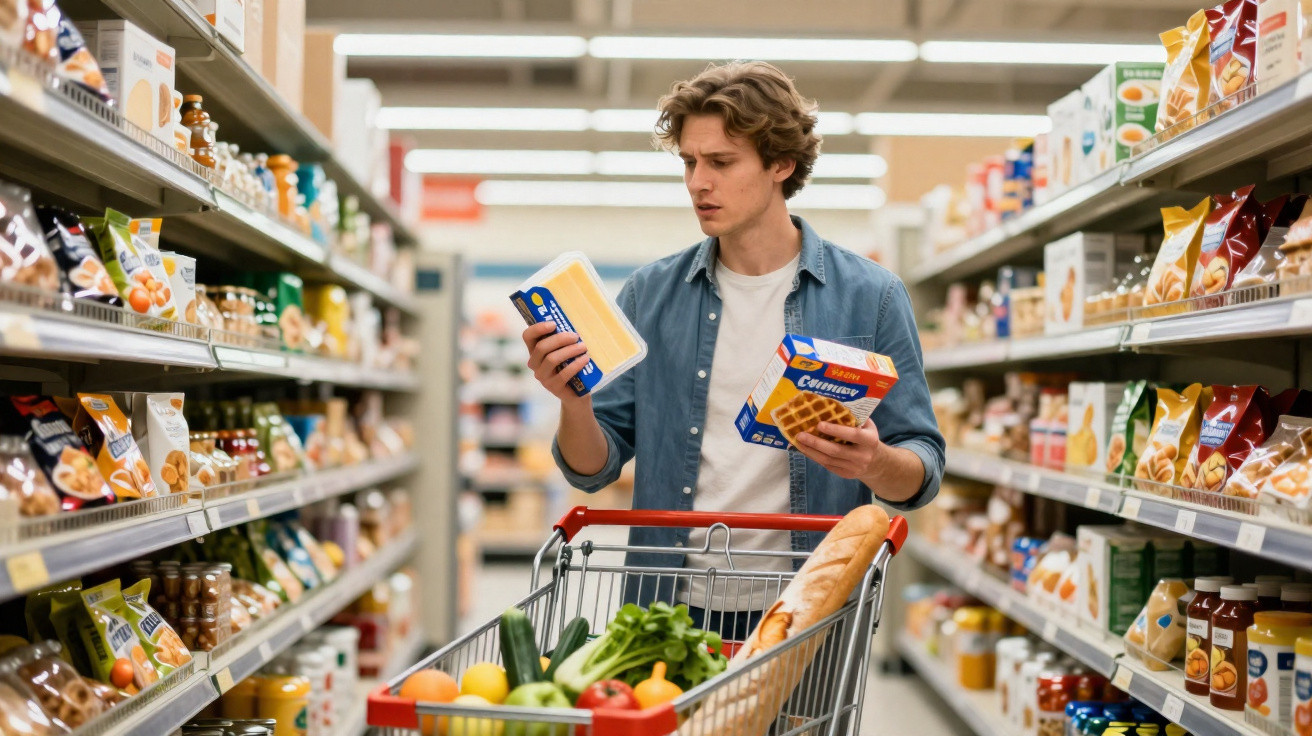 Homem com carrinho de compras escolhe produtos no corredor de supermercado.