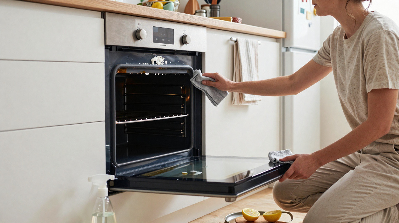 Pessoa limpa o interior de um forno aberto numa cozinha moderna com um pano cinzento.