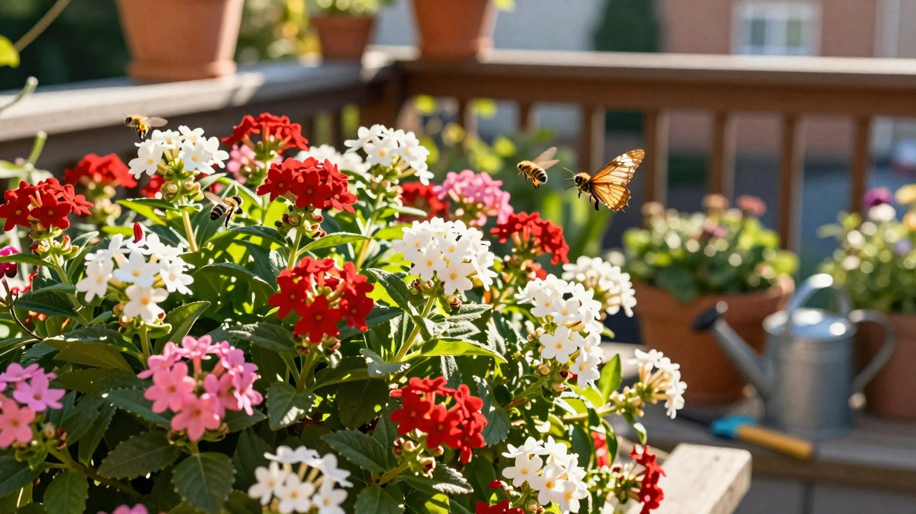 Flores vermelhas, brancas e rosa num vaso com abelhas e borboleta numa varanda iluminada pelo sol.