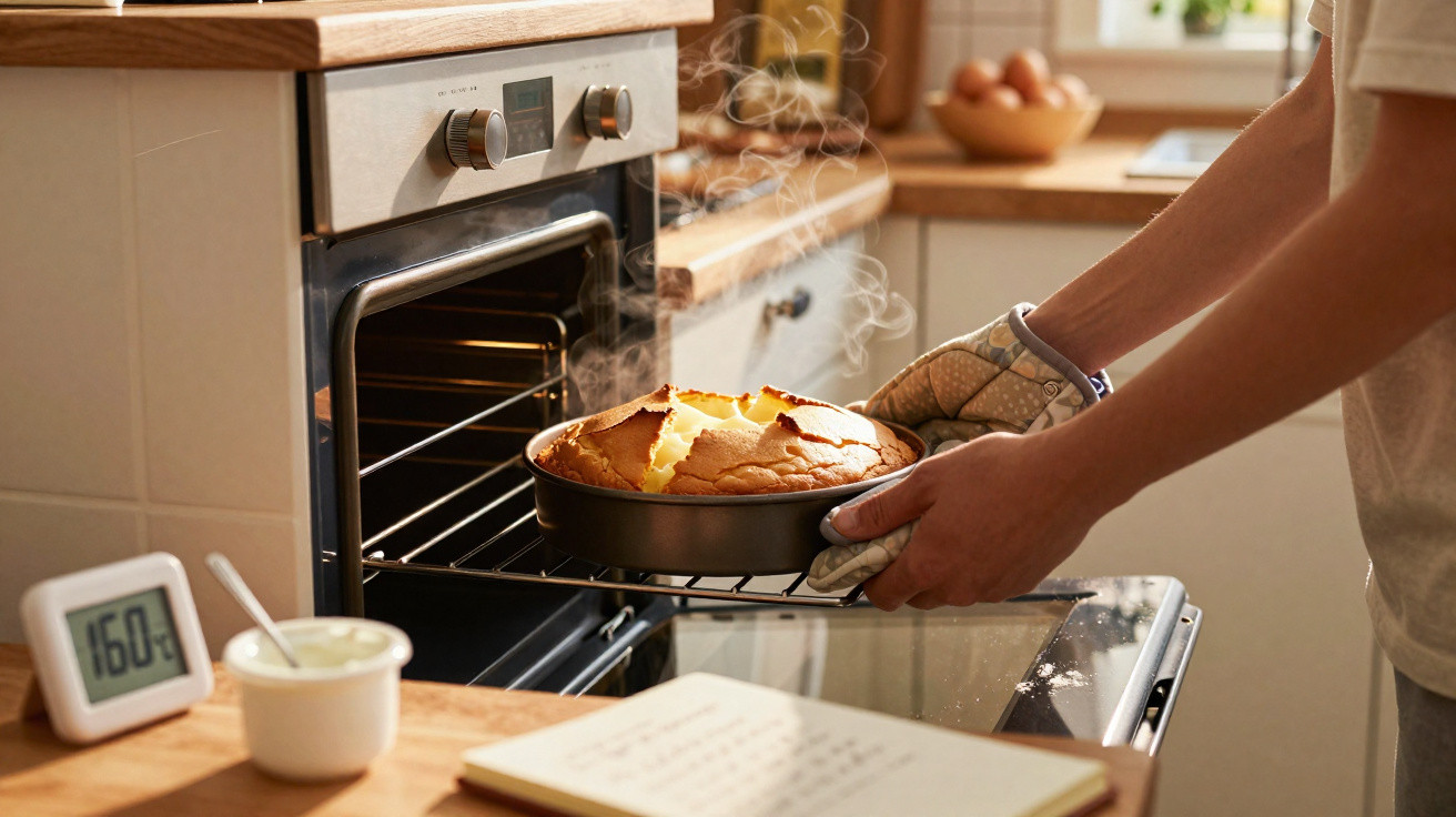 Pessoa a retirar bolo quente e fumegante do forno numa cozinha iluminada e acolhedora.