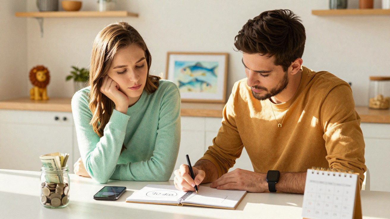 Casal sentado numa mesa a planear despesas, com caderno, moedas e calendários à frente na cozinha iluminada.