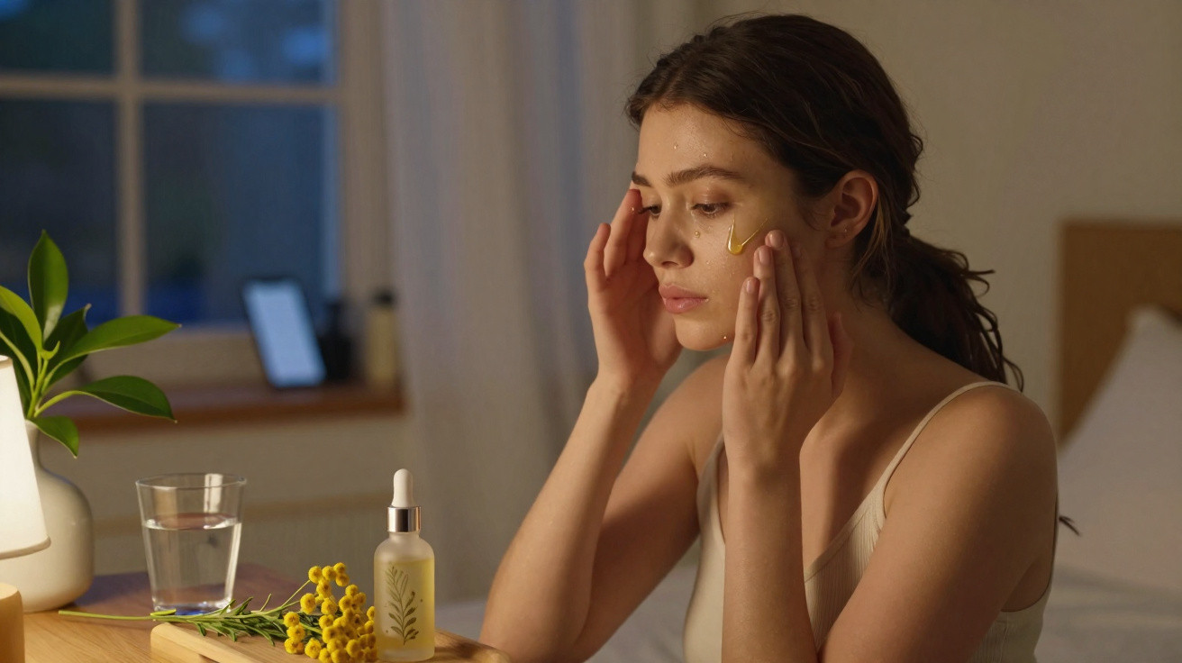 Mulher a aplicar sérum facial numa pele cuidada numa mesa com vaso, copo de água e flores amarelas à noite.