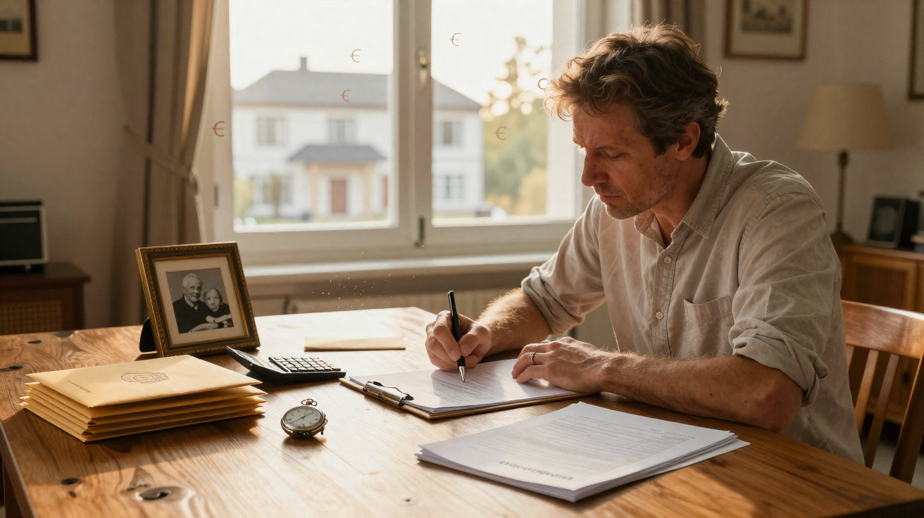 Homem sentado à mesa a escrever em documentos, com foto, calculadora e relógio sobre a madeira clara.