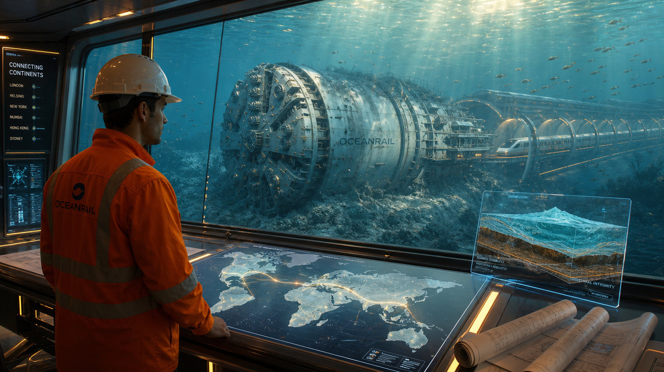 Homem com capacete observa estação submarina futurista com túnel transparente e mapas digitais de conexões continentais.