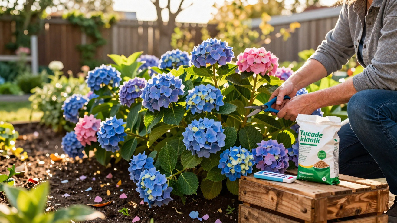 Pessoa a podar hortênsias azuis e rosas num jardim com sacos de fertilizante e ferramentas.