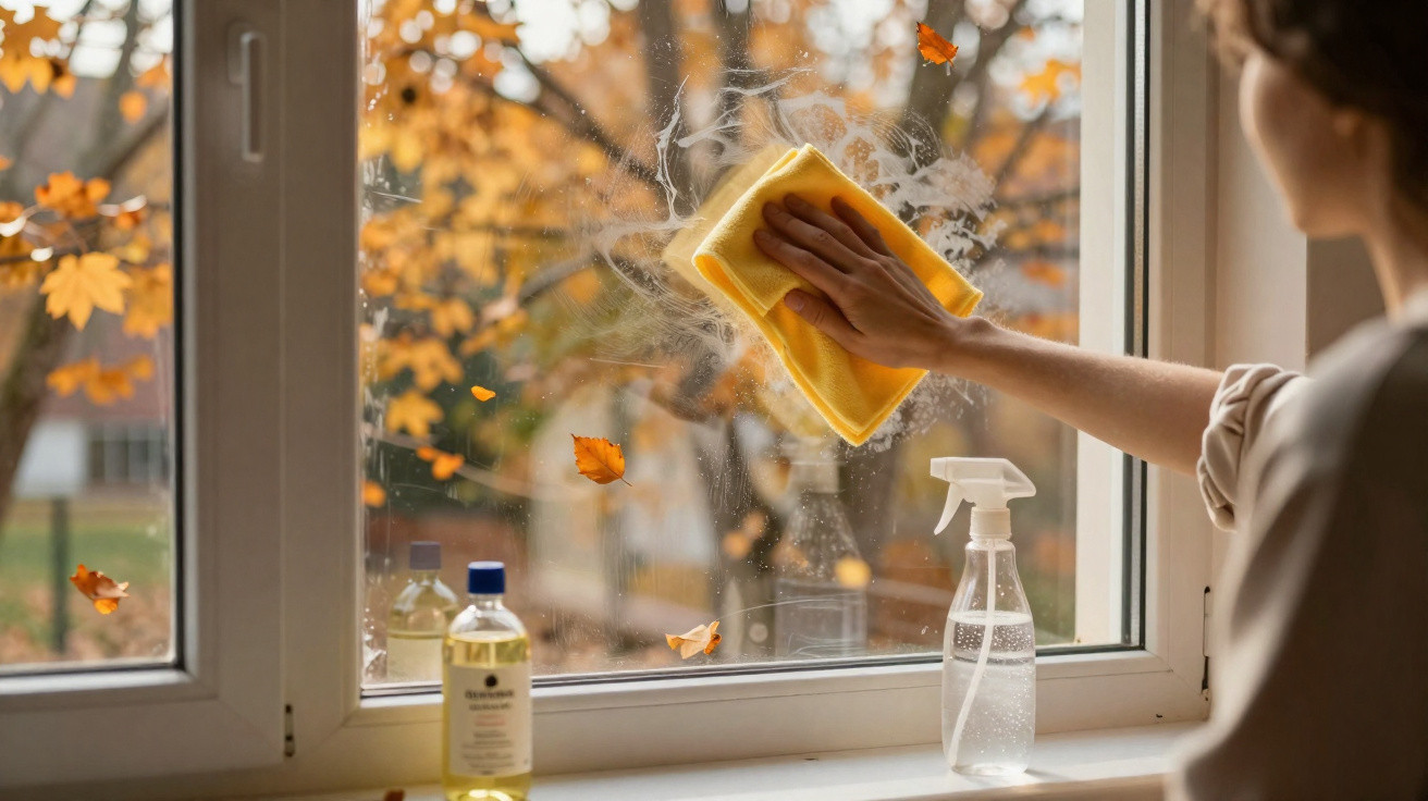 Pessoa a limpar uma janela com um pano amarelo, com cenário de árvores e folhas de outono ao fundo.