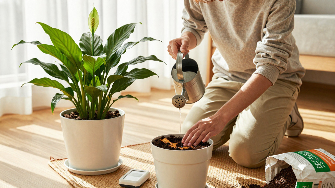 Pessoa a regar planta em vaso branco num ambiente interior iluminado pelo sol.