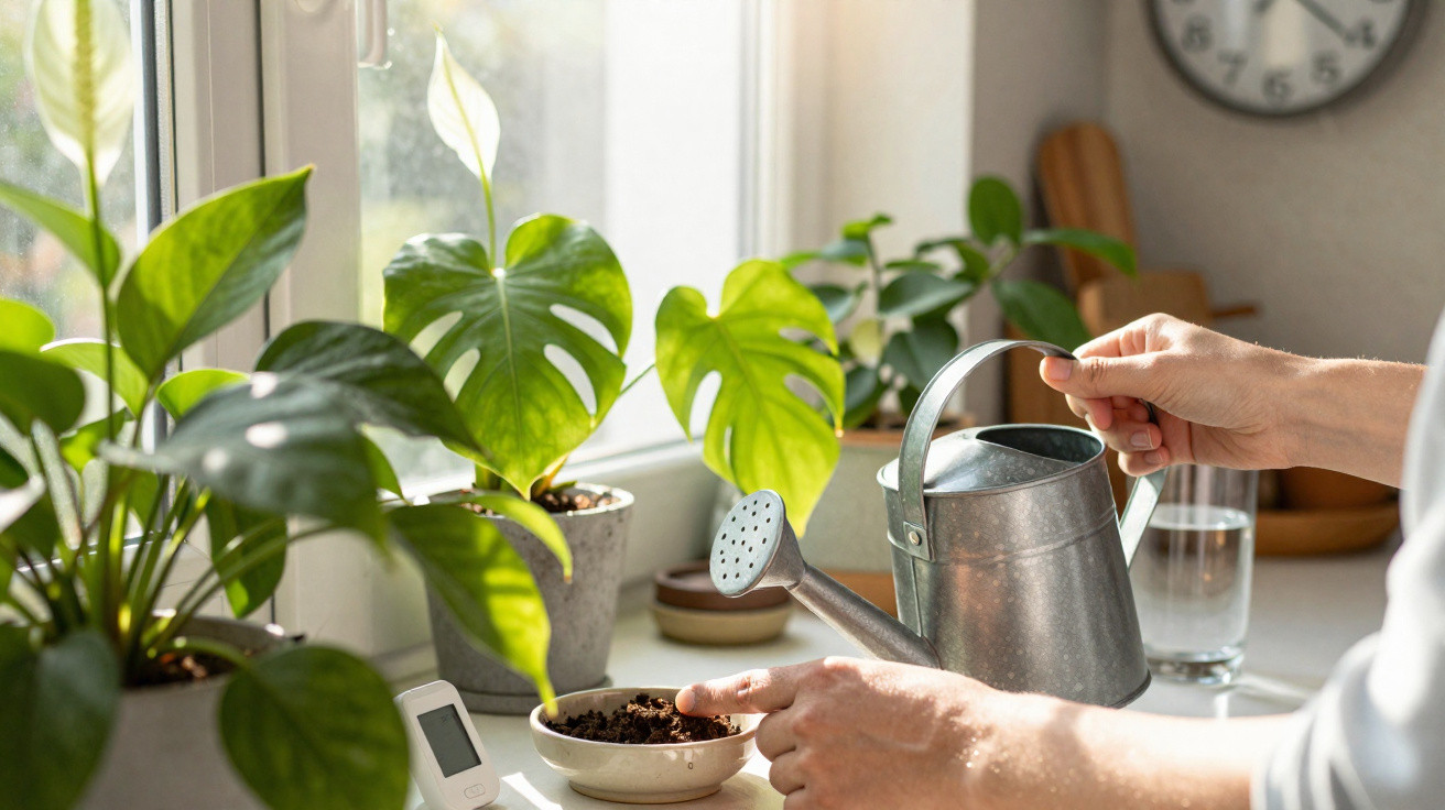 Mãos a regar planta em vaso junto à janela com várias plantas verdes e copo de água.