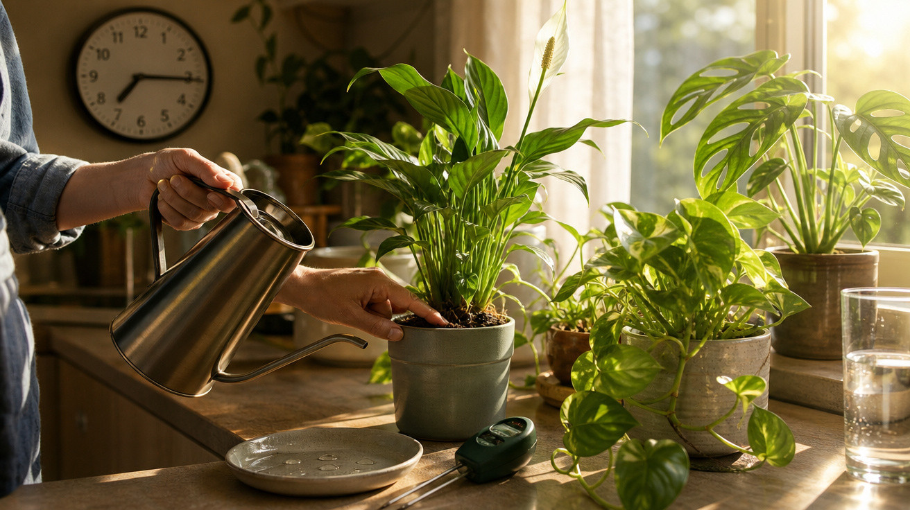 Pessoa a regar plantas em vasos numa cozinha iluminada por luz natural através da janela.