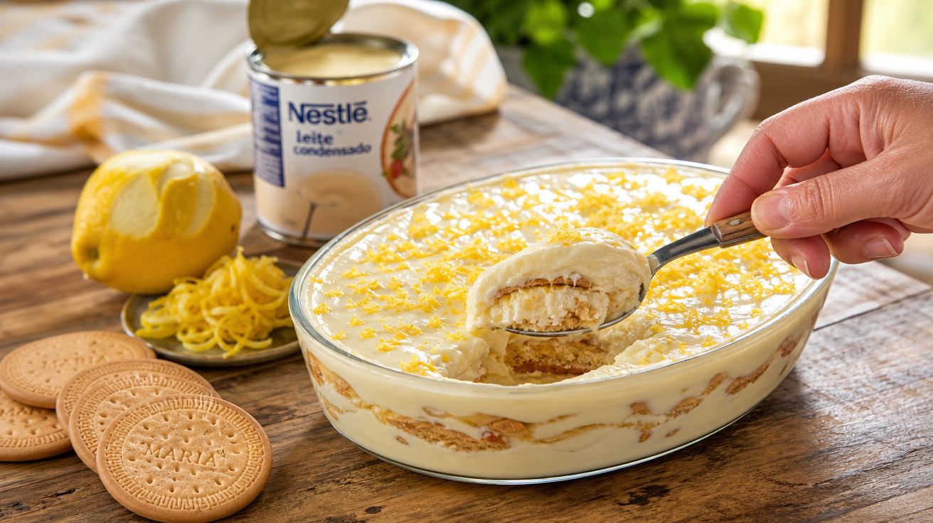 Sobremesa cremosa de limão com bolachas Maria, leite condensado e raspa de limão num tabuleiro de vidro.