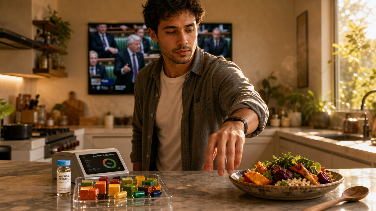 Jovem numa cozinha moderna a escolher comida saudável numa mesa junto a dispositivo digital e vitaminas.