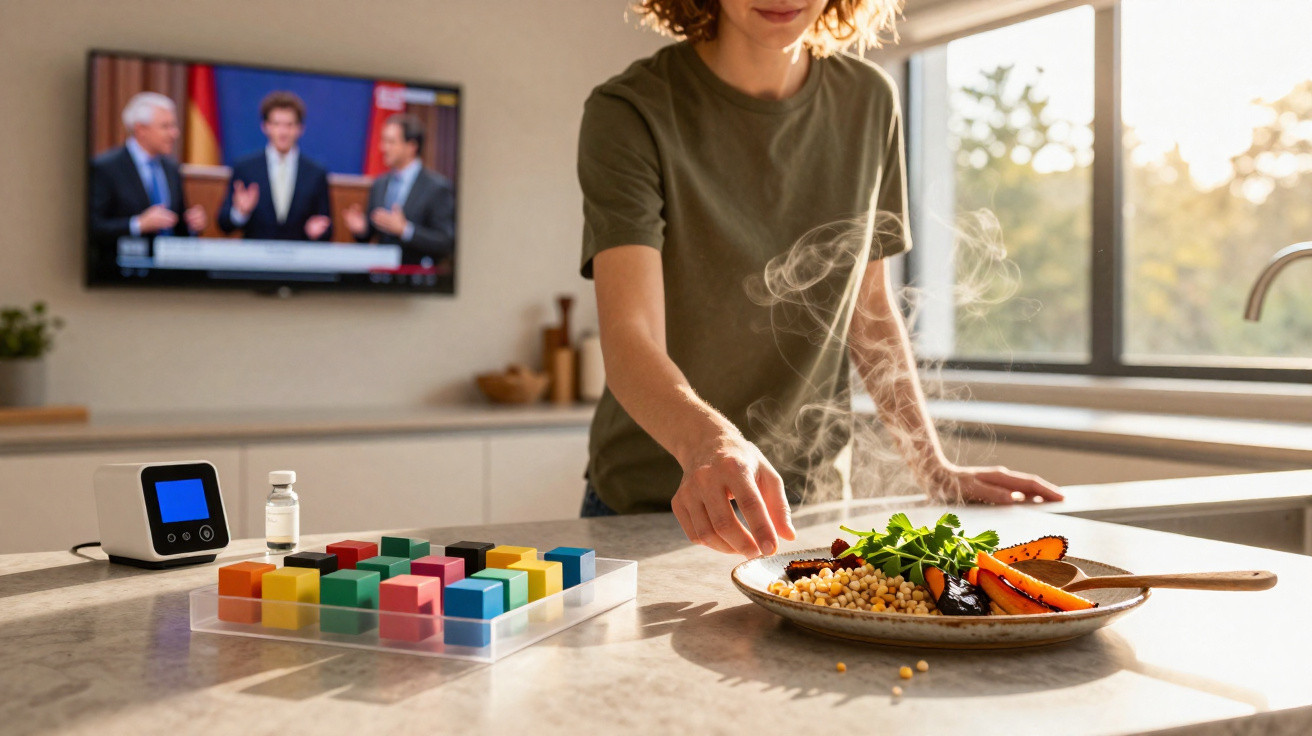Pessoa a servir comida quente numa cozinha com cubos coloridos e televisão ao fundo.
