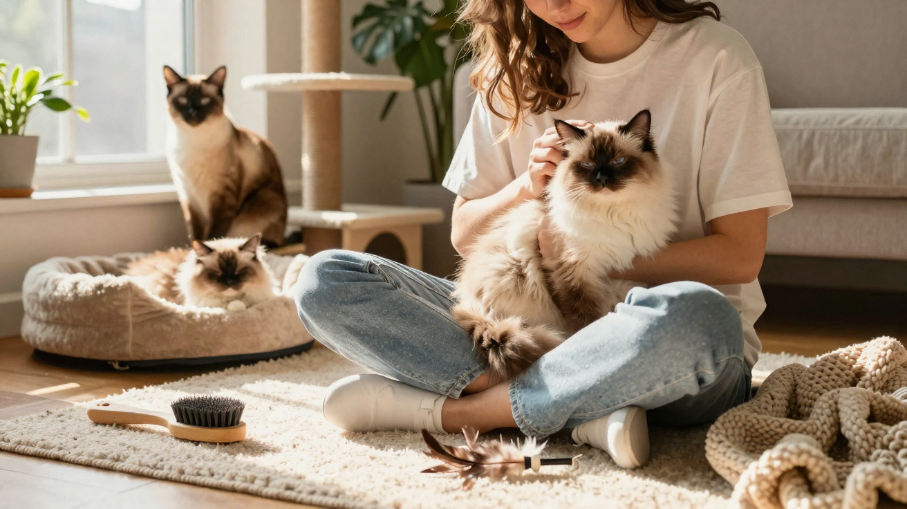 Mulher sentada no chão acariciando gato de pelo longo, com dois gatos sentados e deitados perto dela numa sala iluminada.