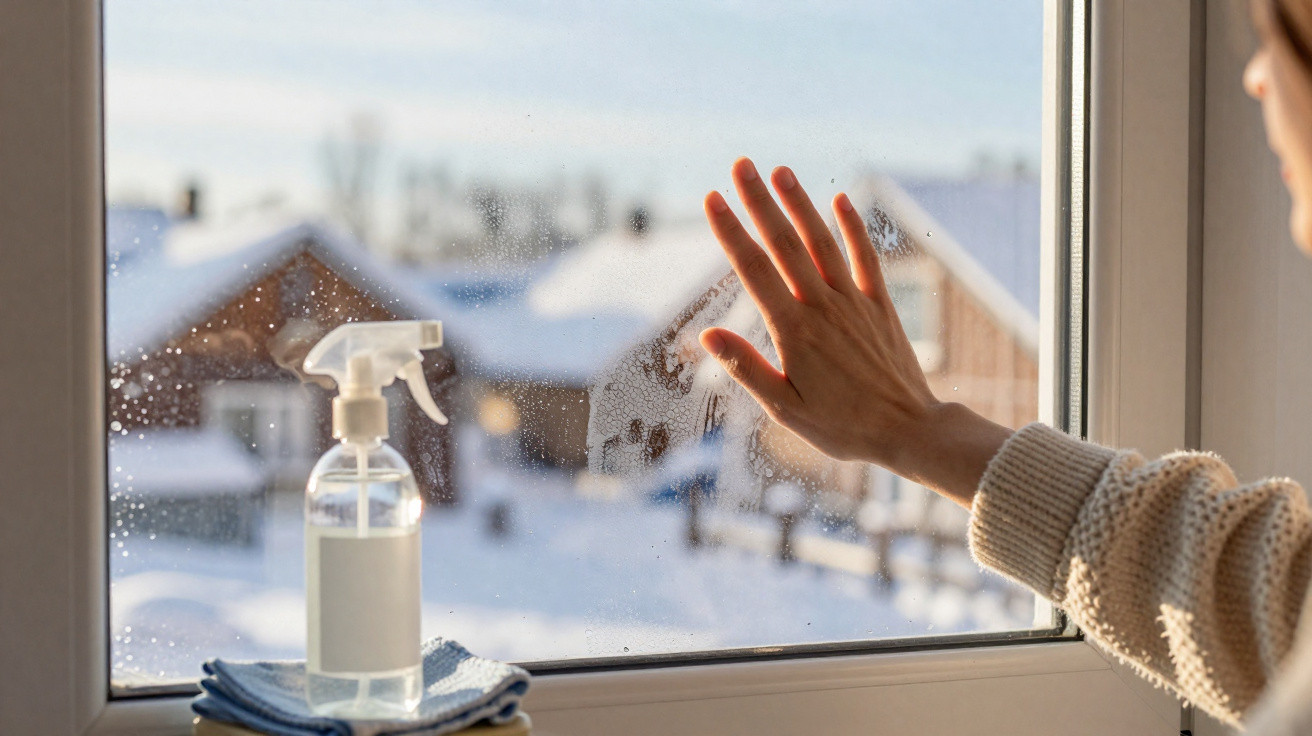 Mão a limpar janela com pano e spray de limpeza, vista para casas cobertas de neve ao fundo.