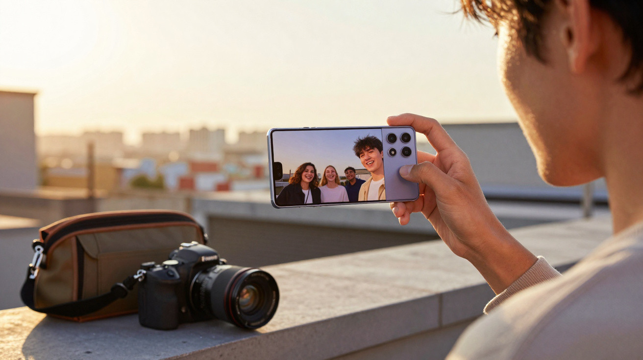 Pessoa a tirar selfie com telemóvel, mostrando quatro amigos sorridentes no ecrã, ao pôr do sol no terraço.