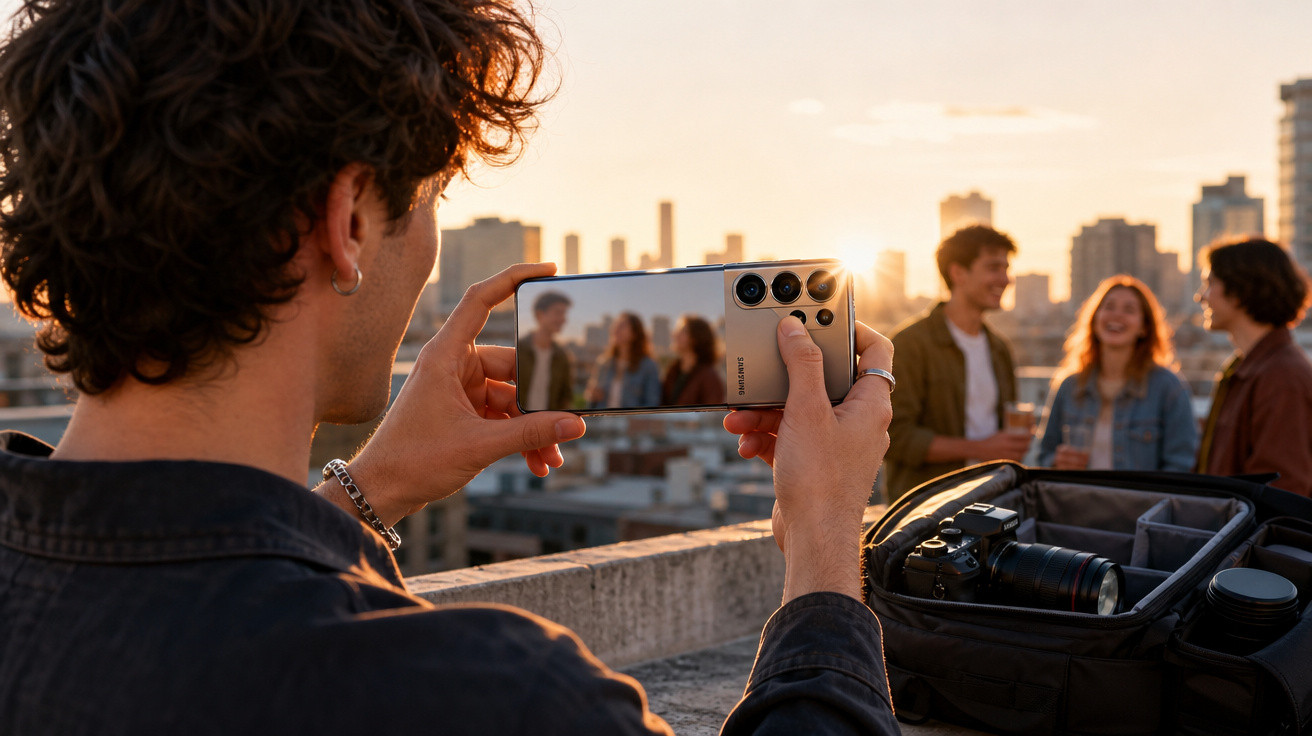 Pessoa a tirar foto de grupo de amigos numa esplanada urbana ao pôr do sol com smartphone.