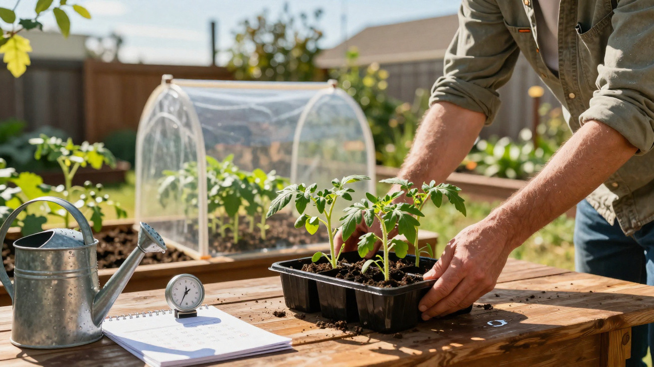 Pessoa a colocar planta jovem de tomateira numa mesa de madeira num jardim, com regador, caderno e termómetro.