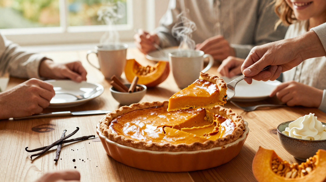 Tarte de abóbora numa mesa com pessoas a servir e beber chá, com chantilly e especiarias à volta.