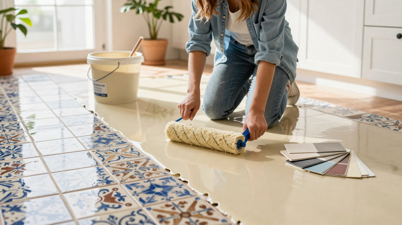 Pessoa a aplicar verniz com rolo em chão de azulejos decorativos numa divisão luminosa.