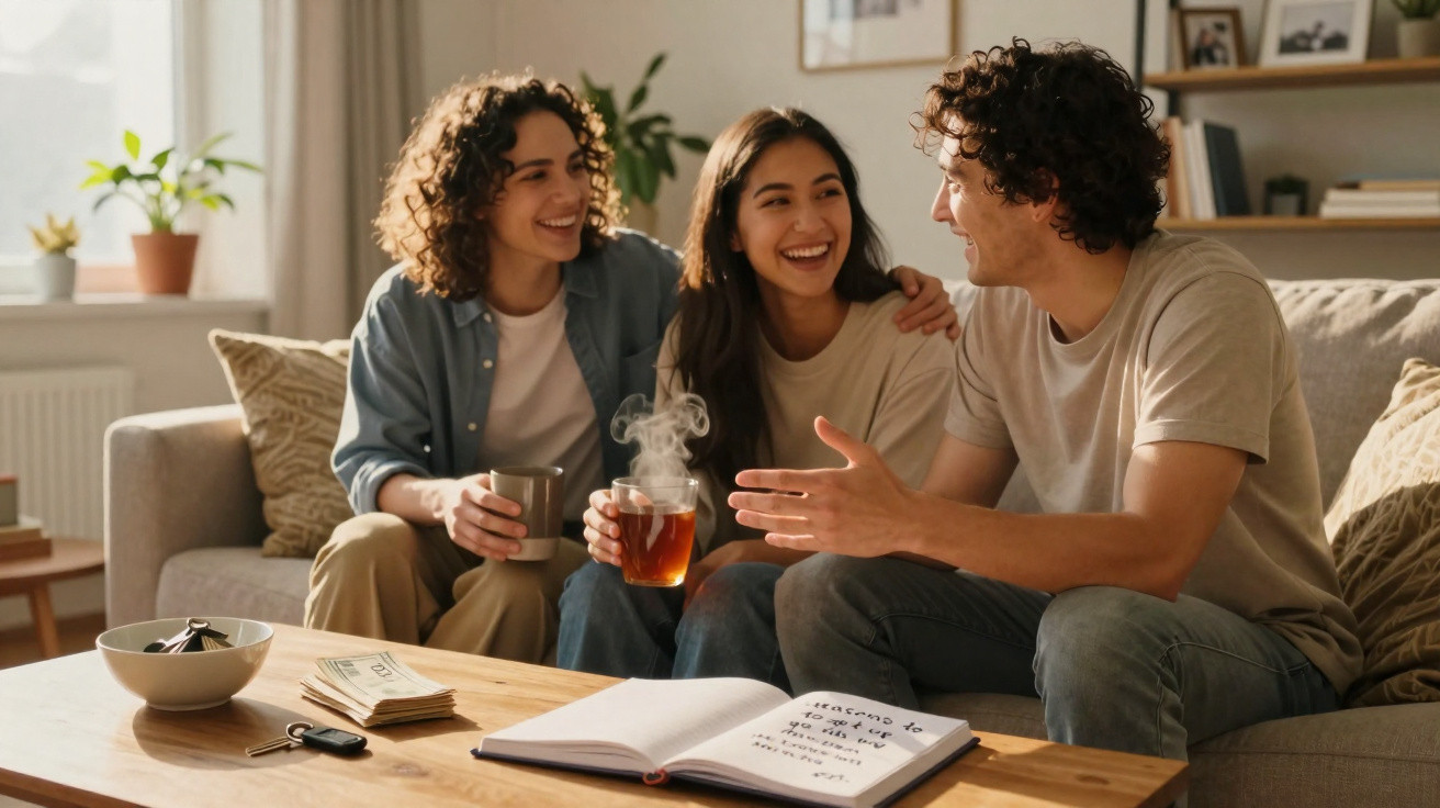 Três amigos sentados no sofá a conversar, sorrir e beber chá numa sala iluminada e acolhedora.