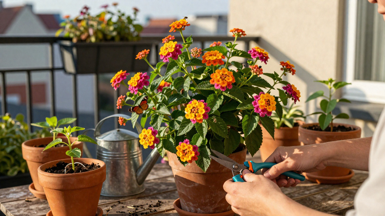 Mãos a podar flores laranja e rosa numa planta em vaso num terraço com regador e mais vasos ao fundo.