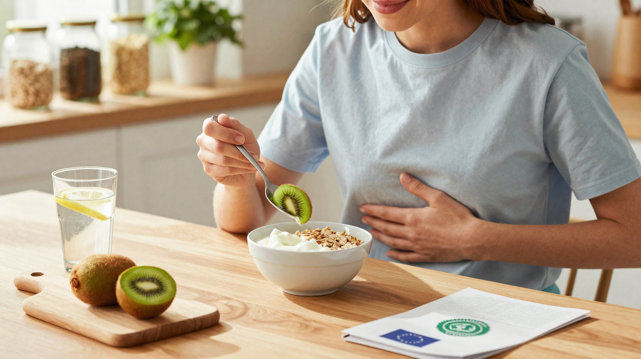 Mulher a comer iogurte com granola e kiwi numa cozinha clara, com copo de água e documento na mesa.