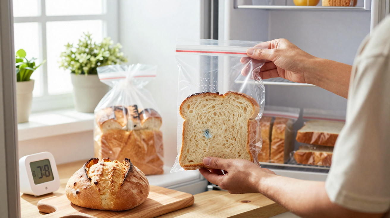 Pessoa a guardar fatia de pão com bolor num saco plástico transparente na cozinha.