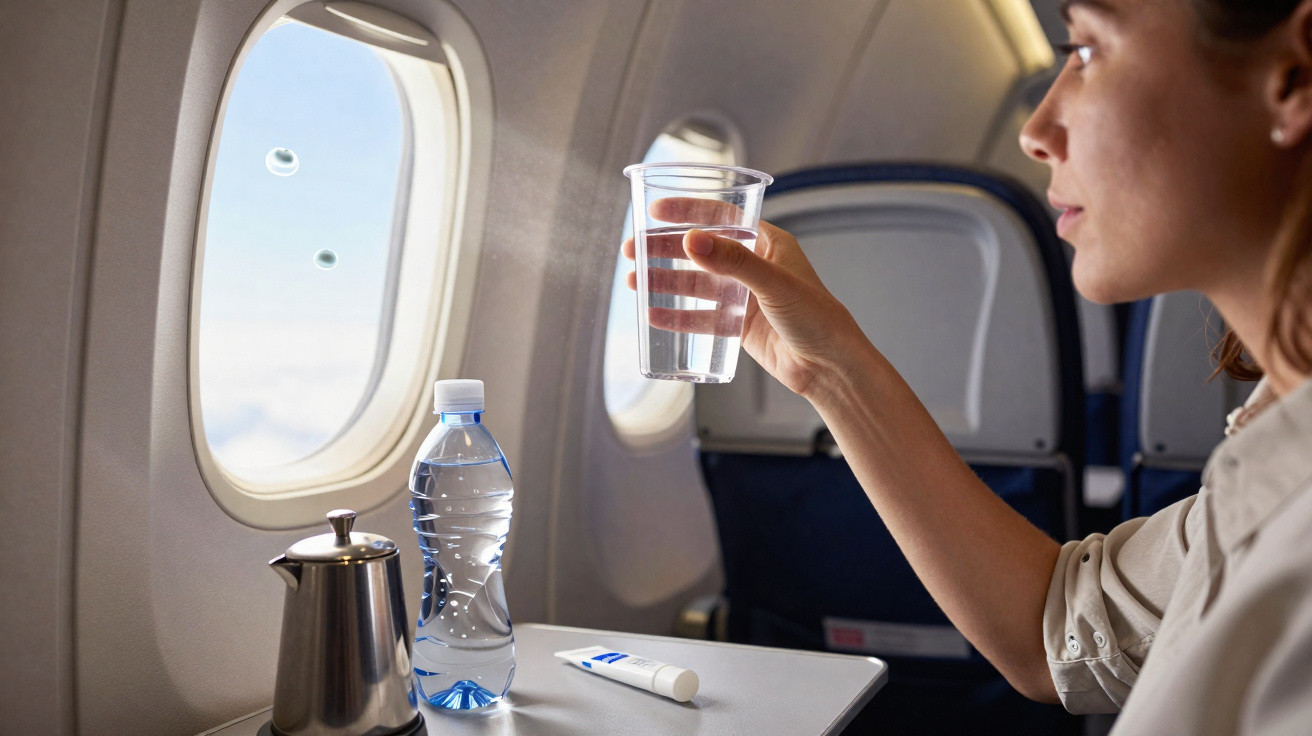 Mulher sentada num avião a segurar um copo de água transparente junto a uma janela.